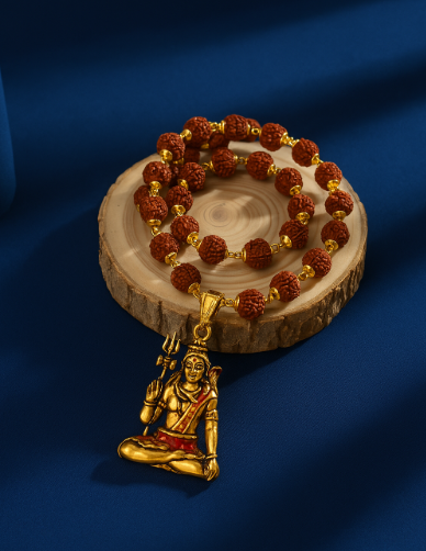 Authentic Rudraksha Mala with Gold-Plated Shivji Pendant