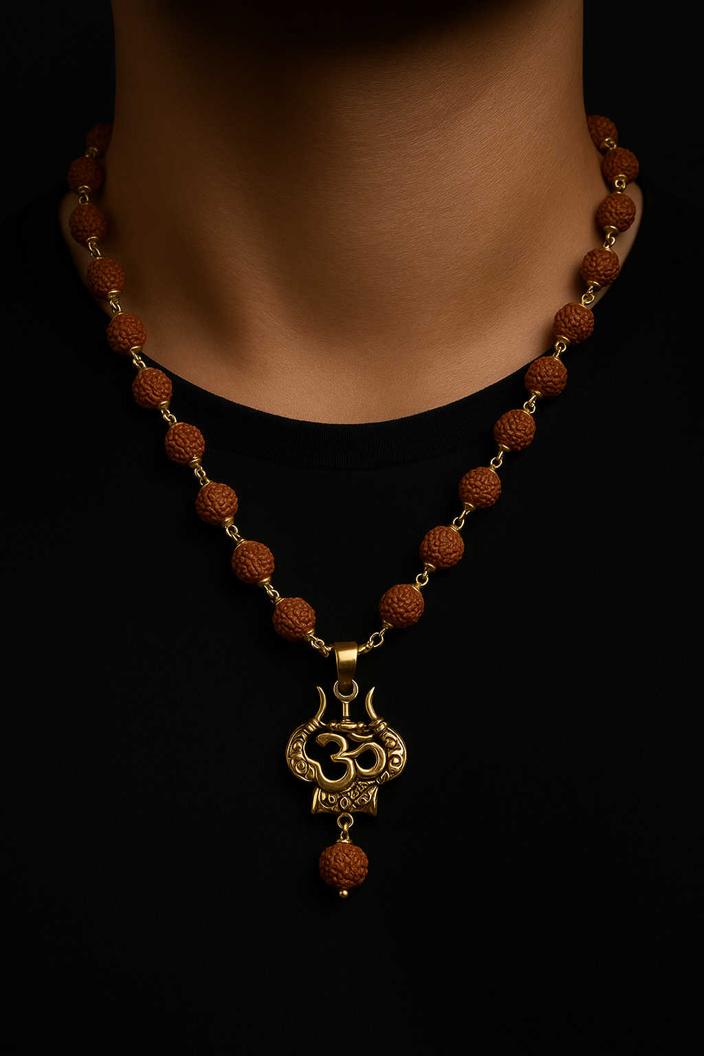 Gold-Plated Om Trishul Rudraksha Mala